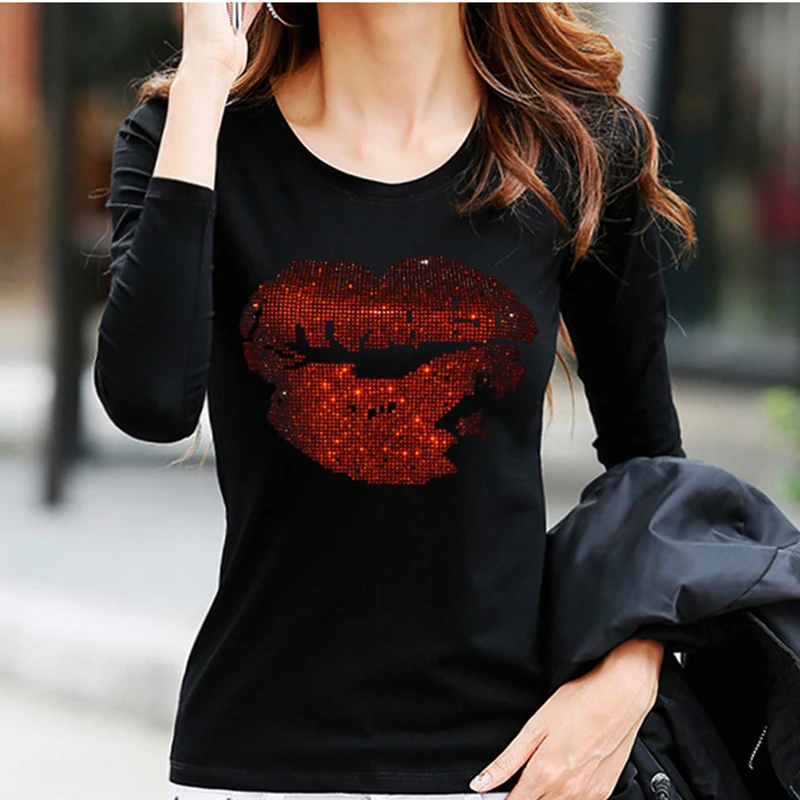 2022 New Women's t-shirts Long Sleeves Basis Crystal Casual Winter Tshirts Cotton Womens tops Vintage Black White T-shirt Women