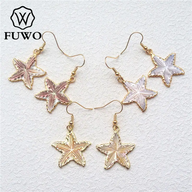 

FUWO Wholesale Natural Shell Stars Earrings,Golden Plated Dangle Earring Jewelry For Women 5Pairs/Lot ER508