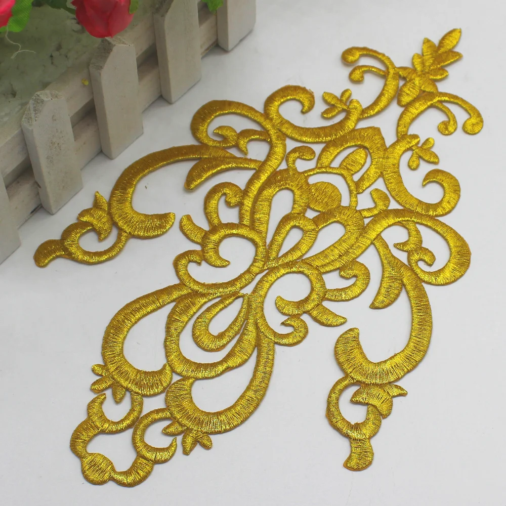 Gold Appliqued Iron On Flower Vintage Diy Trims Shiny Gold Embroidered Patches 25.5cm*16cm