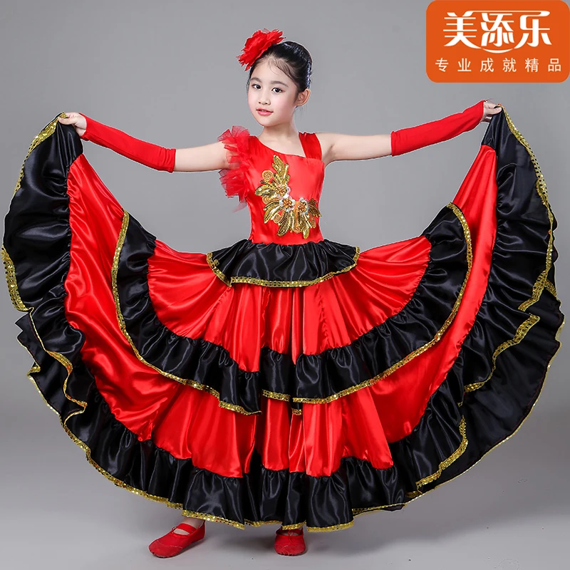 Kinder Spanisch Stierkampf Kleid Flamenco Kostüm Prinzessin Mädchen Öffnung Dance Volles-rock Plus Size Schaukel Tanzen Kleid H549