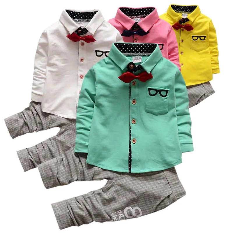 

Clothing Set 0-4 Year Old Boys' Spring Autumn Fashion Bow Accessories Single breasted Shirt Striped Pants Beibei Child Garments