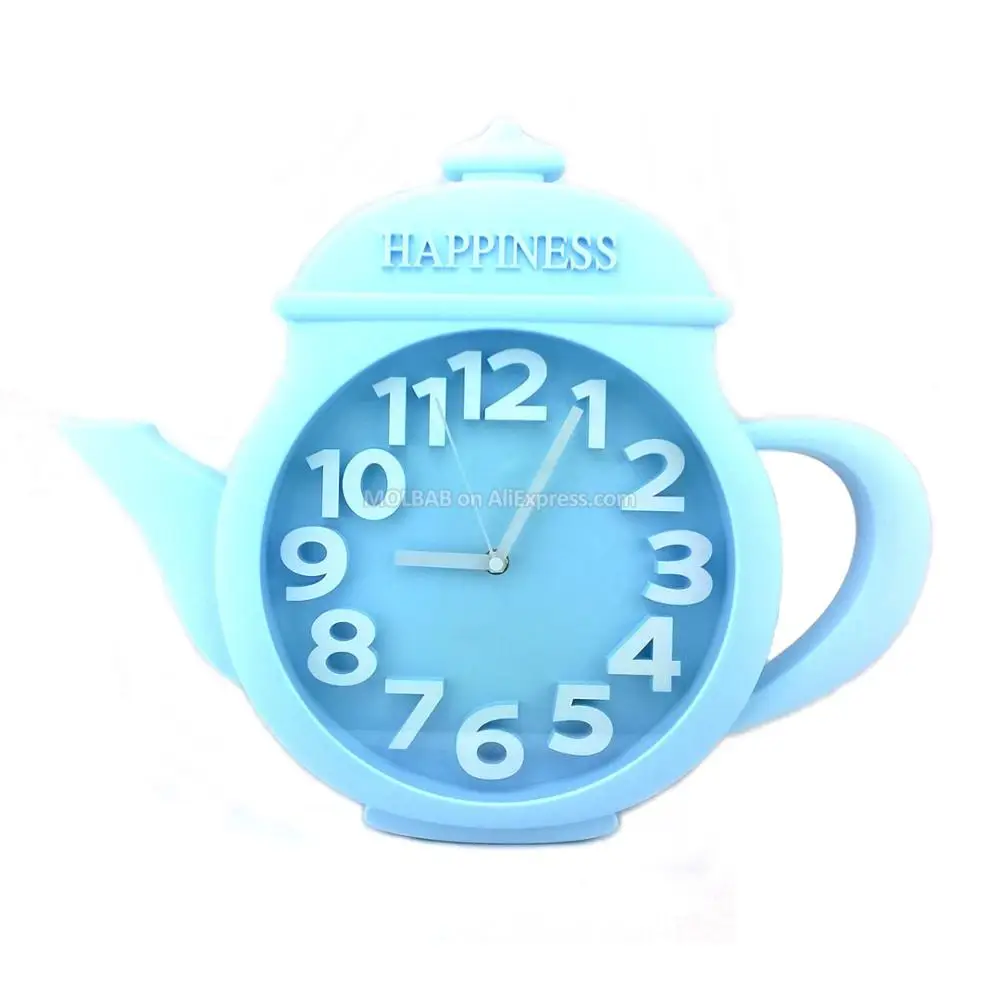 Large Blue Teapot Wall Clock Glass Cover Numerical Watch Dial Modern Style Quiet Quartz Timepiece ABS Plastic Crafts Home Decor