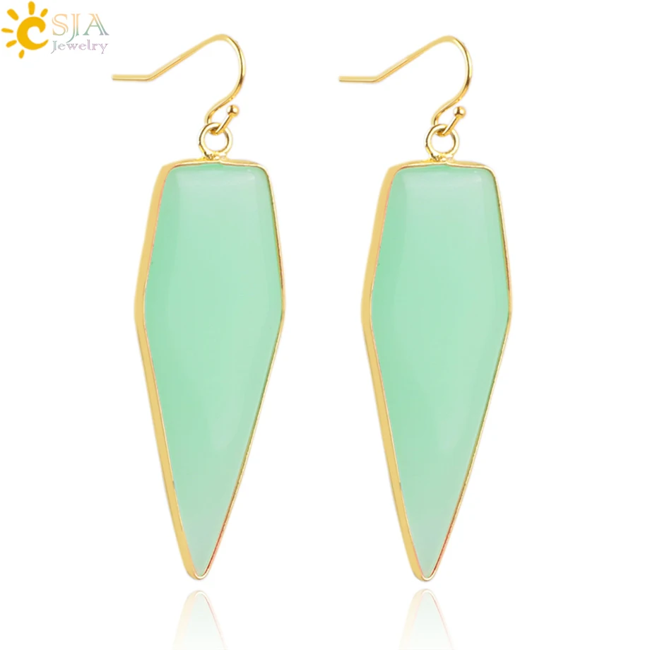 CSJA Ethnic Geometric Gold Plated Jewellery for Female Long Earrings Hook Dangle Natural Spectrolite Stone Pendant Earring E248