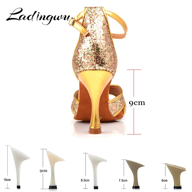 Ladingwu Dance Shoes Women Color Flash Gold PU Latin Shoes Dance Ballroom Dancing Shoes Plush Pad Tango Salsa Cuban heel 9cm