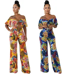Women Casual Wide Leg Pant Boho Summer Playsuit Romper 2019 Sexy Off Shoulder Backless Bandage Crop Top Floral Print Jumpsuit
