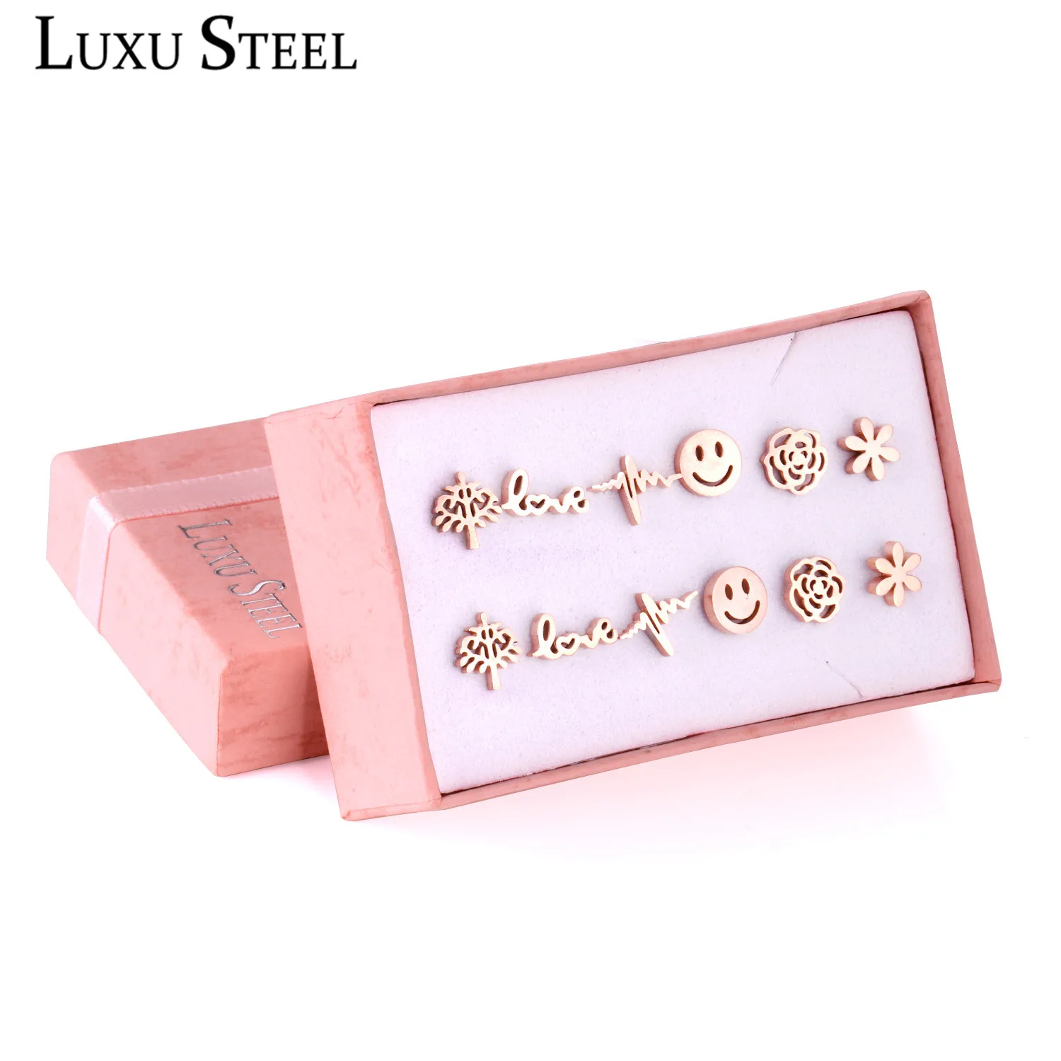 LuxuSteel-ステンレス鋼のスタッドのイヤリング,6ペアのセット,ピンクゴールドの色,木,花,笑顔,愛,ビート,クリスマス