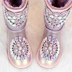 New Intrigue Purple Color Glitter Rhinestone  Embellished Snow Boots Winter Flat Warm Plush Inside Med calf Crystal Boots Shoes