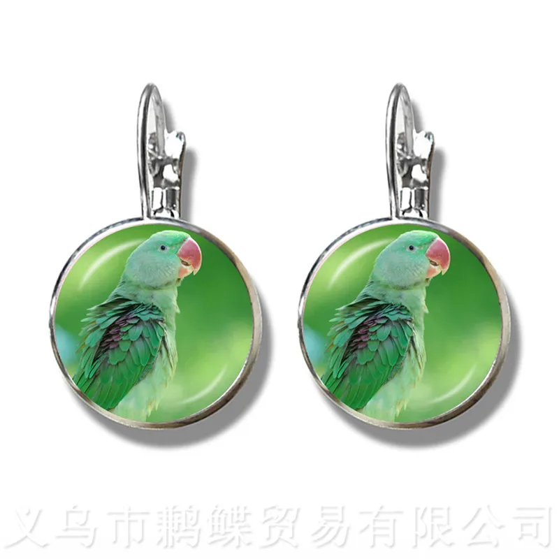 Beautiful Bird Pattern Earrings Vintage Round Glass Bird 16mm Glass Dome Silver Plated Stud Earrings For Women Girls Gift