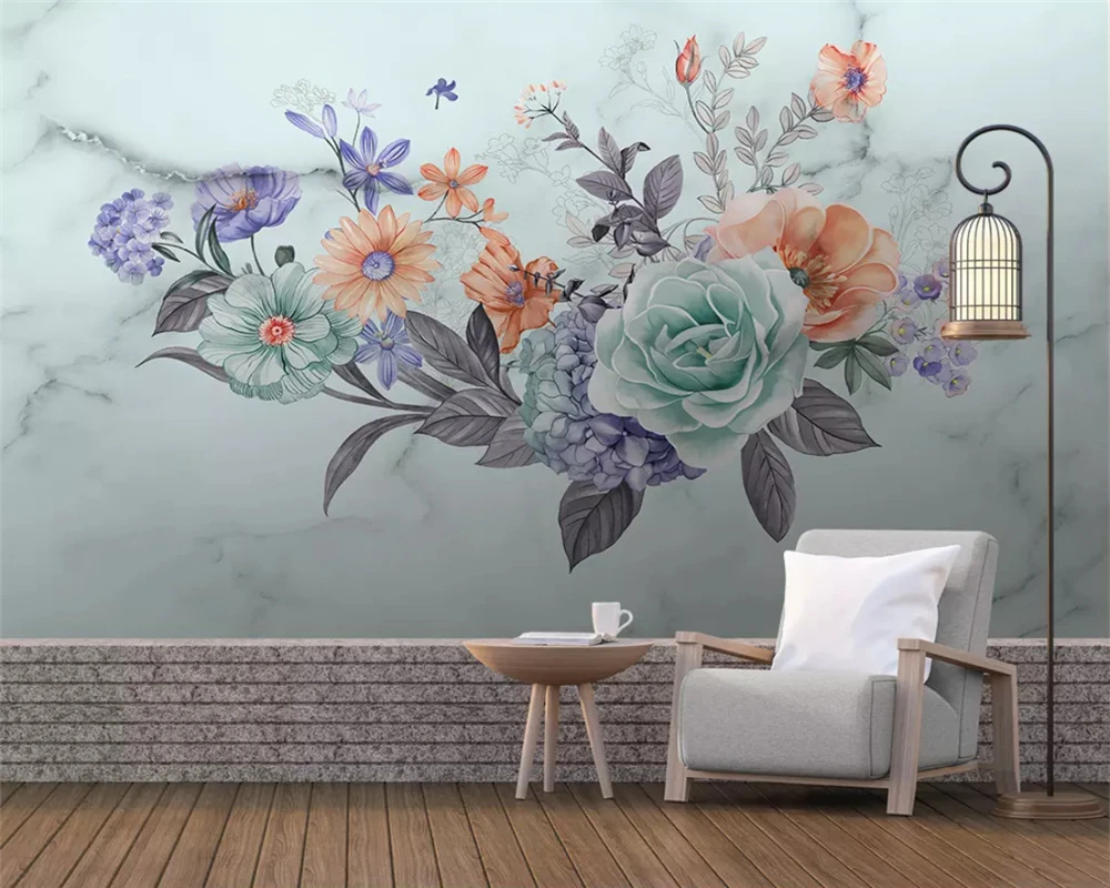 

beibehang Nordic minimalist custom green hand-painted flowers butterfly marble pattern background papel de parede 3d wallpaper