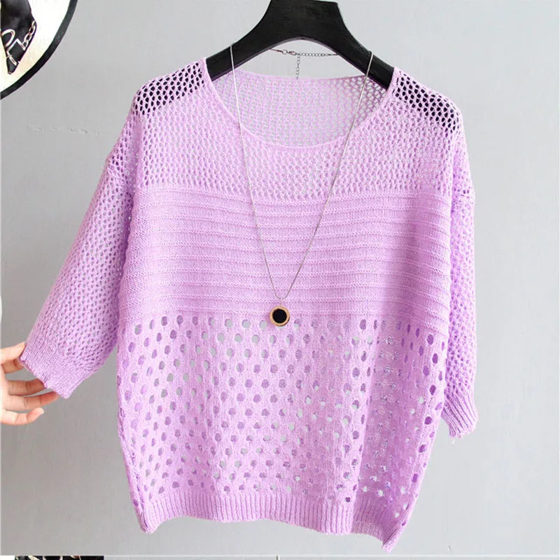 Ladies Summer Hollow Out Pull Knitted Causal Tops Ladies Knitwear Fashion Jumper Solid Women Pullovers Korea Knitwear Female