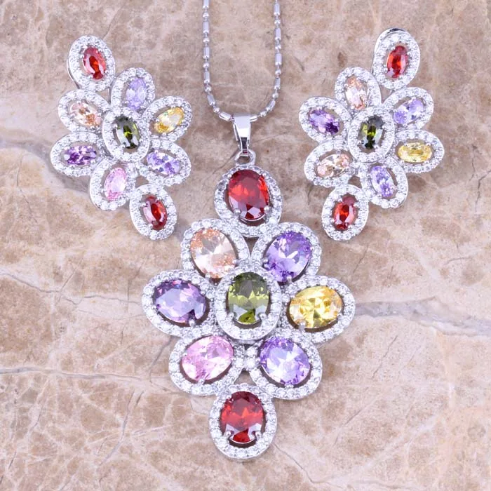 Terrific Multicolor Multigem Silver Plated Earrings Pendant Necklace Jewelry Sets S0816