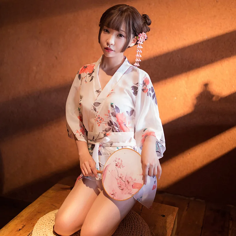 

Yhotmeng 2019 new kimono sexy printed chiffon Japanese ladies nightgown sling straps with T-line underwear set