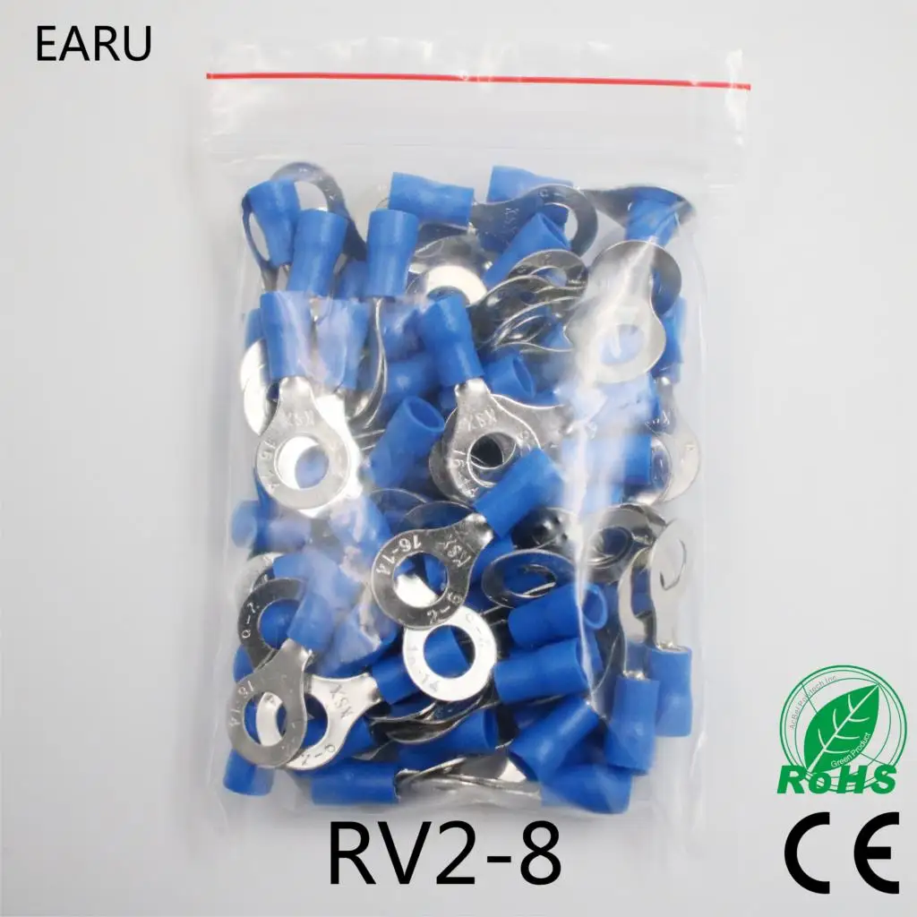 RV2-8 Xanh Dương Vòng cách nhiệt nhà ga Cáp Dây Kết Nối 100 cái/gói phù hợp với 1.5-2.5mm cáp Điện Lọn Uốn Nhà Ga RV2.5-8 RV