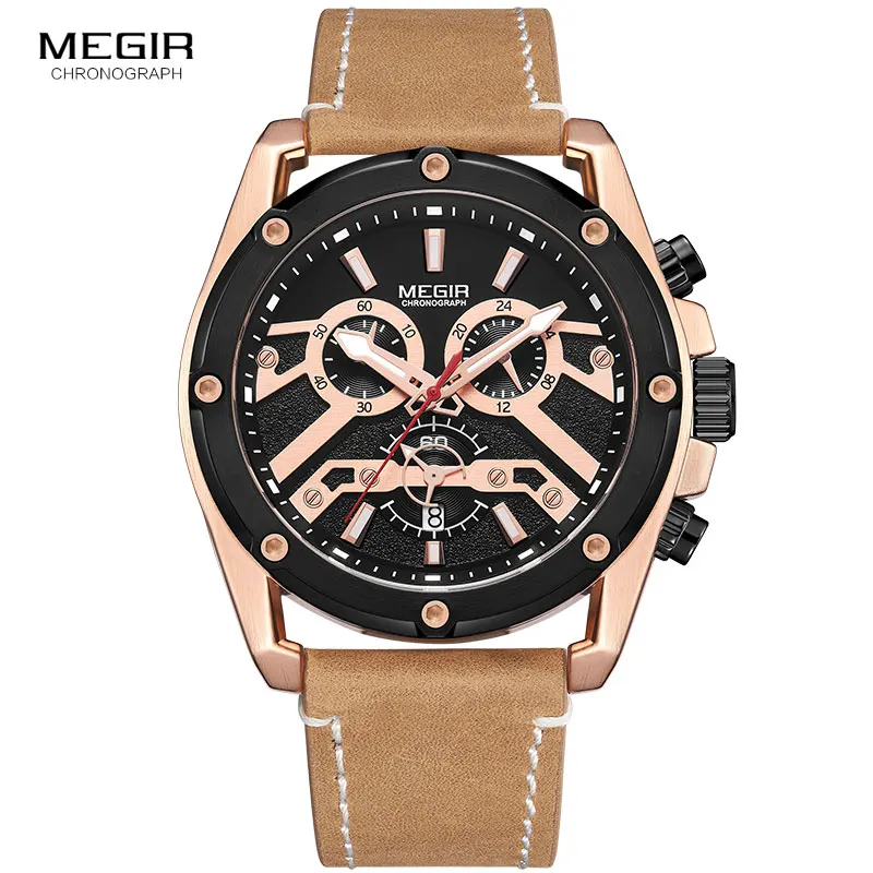 

MEGIR Watches Men Top Brand Luxury Chronograph Quartz Wristwatch Man Relogios Masculino Clock Leather Waterproof Watch 2120 Rose