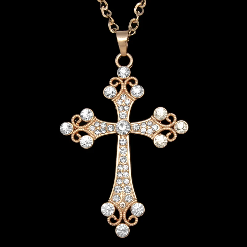 Big Silver Color Cross Pendant Necklace Crystal Rhinestone Long Chain Necklace for Women Hip Hop Fashion Jewelry nke-h77