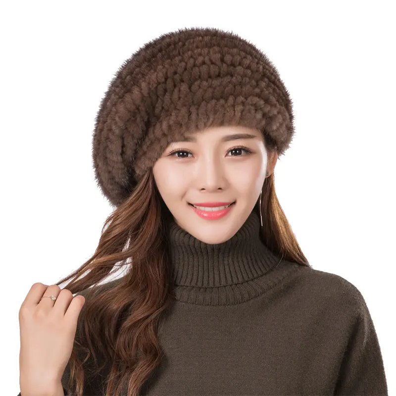 Women\'s fur beret hat high quality mink knitted hat Fashion warm mink velvet knitted fur beret cap