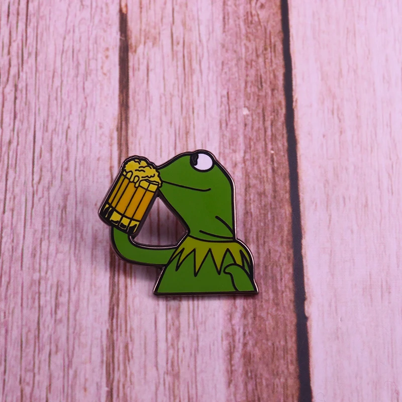 Kermit drinking beer enamel pin Meme frog brooch none of my business funny badge gift creative pop culture accessory