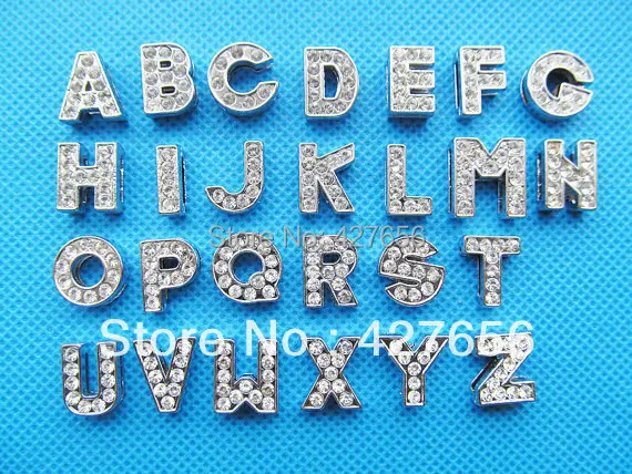 1 set 8mm Silver tone Capital Letter Slider Spacer Beads Pendant Charm/Finding,Dotted Around Rhinestone,for Bracele & Necklace