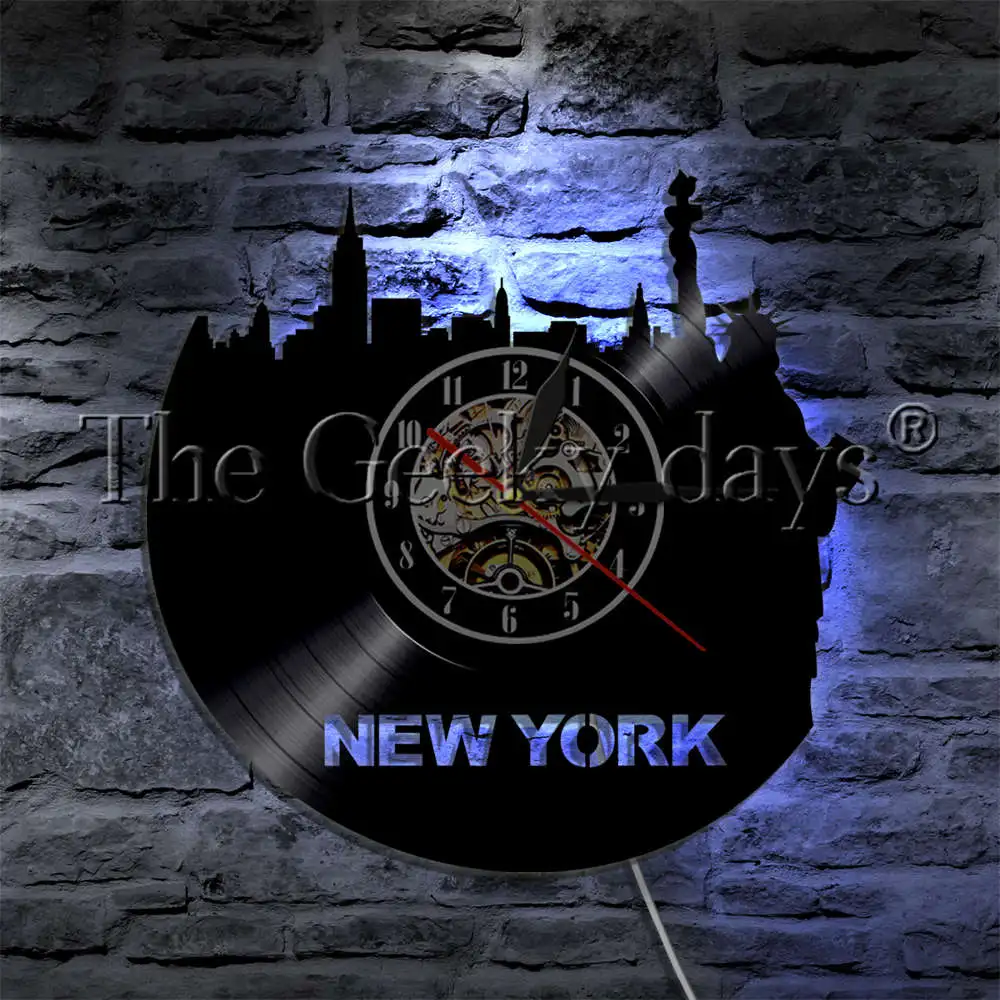 New York Statue Of Liberty Silhouette Wall Lamp Vinyl Record Wall Clock City Landscape Home Decor LED Night Lamp