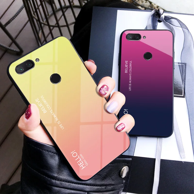 For Xiaomi Mi 8 Lite Case Luxury Hard Tempered Glass Gradient Protective Back Cover case For xiaomi mi 8lite full cover shell