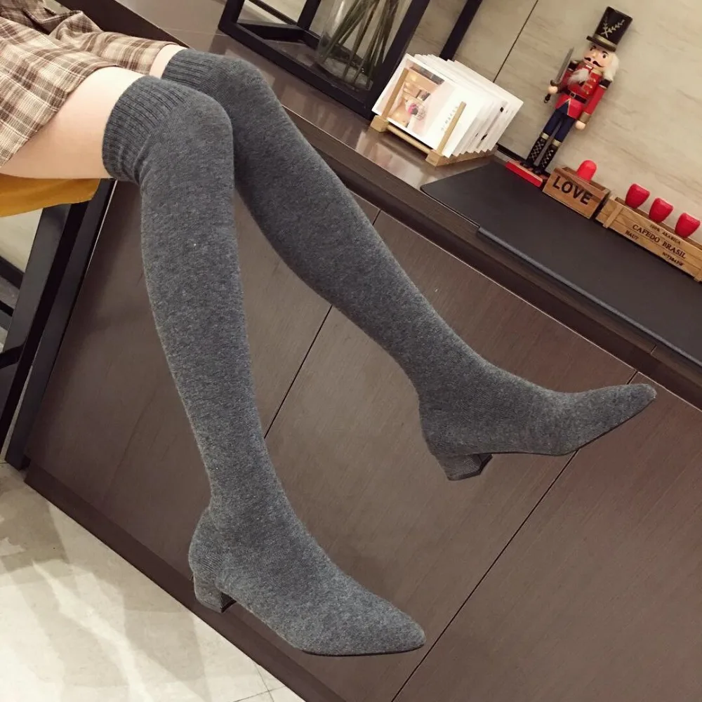 Thigh High wool sock boots preppy sewn knitted brief japan long slim over knee booties women block heels footwear ladies casual