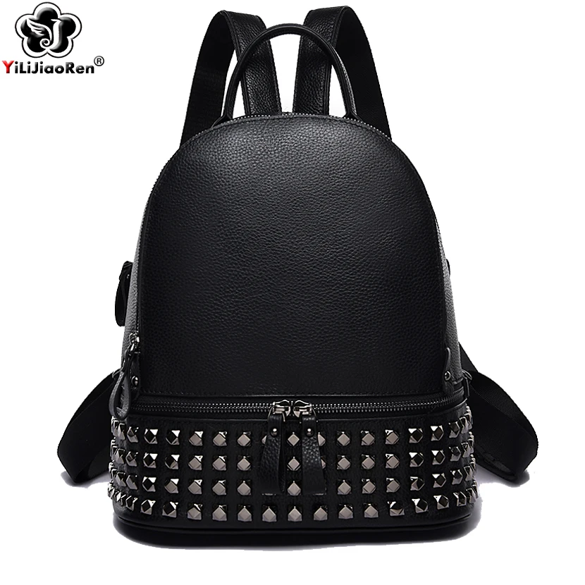 Fashion Rivet Women Backpack Brand Genuine Leather Backpack Purse Large Capacity School Bag Bookbag Designer Simple Back Pack