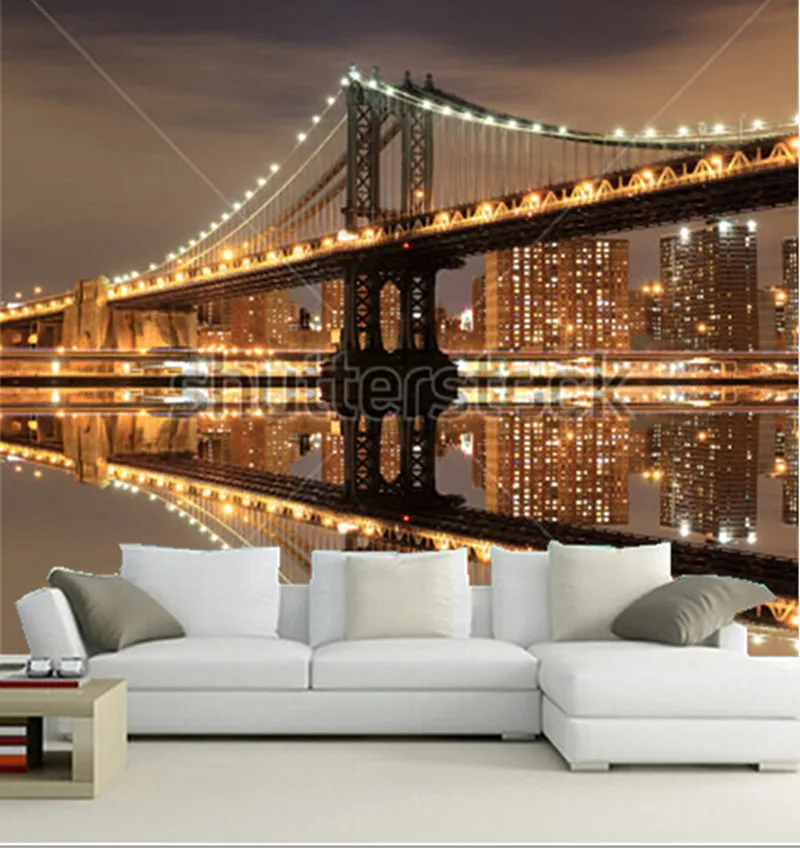 Custom 3D murals,Manhattan Bridge and Manhattan skyline At Night,New York City,living room sofa TV wall bedroom wall paper