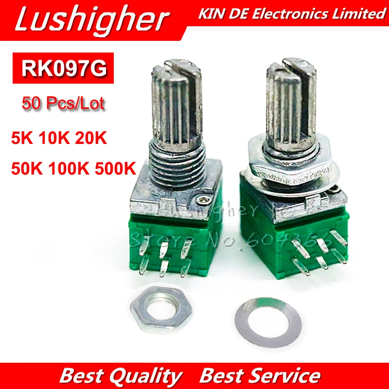 

50pcs RK097G 6pin Shaft 15mm 5K 10K 20K 50K 100K 500K B5K With A Switch Audio Amplifier Sealing Potentiometer