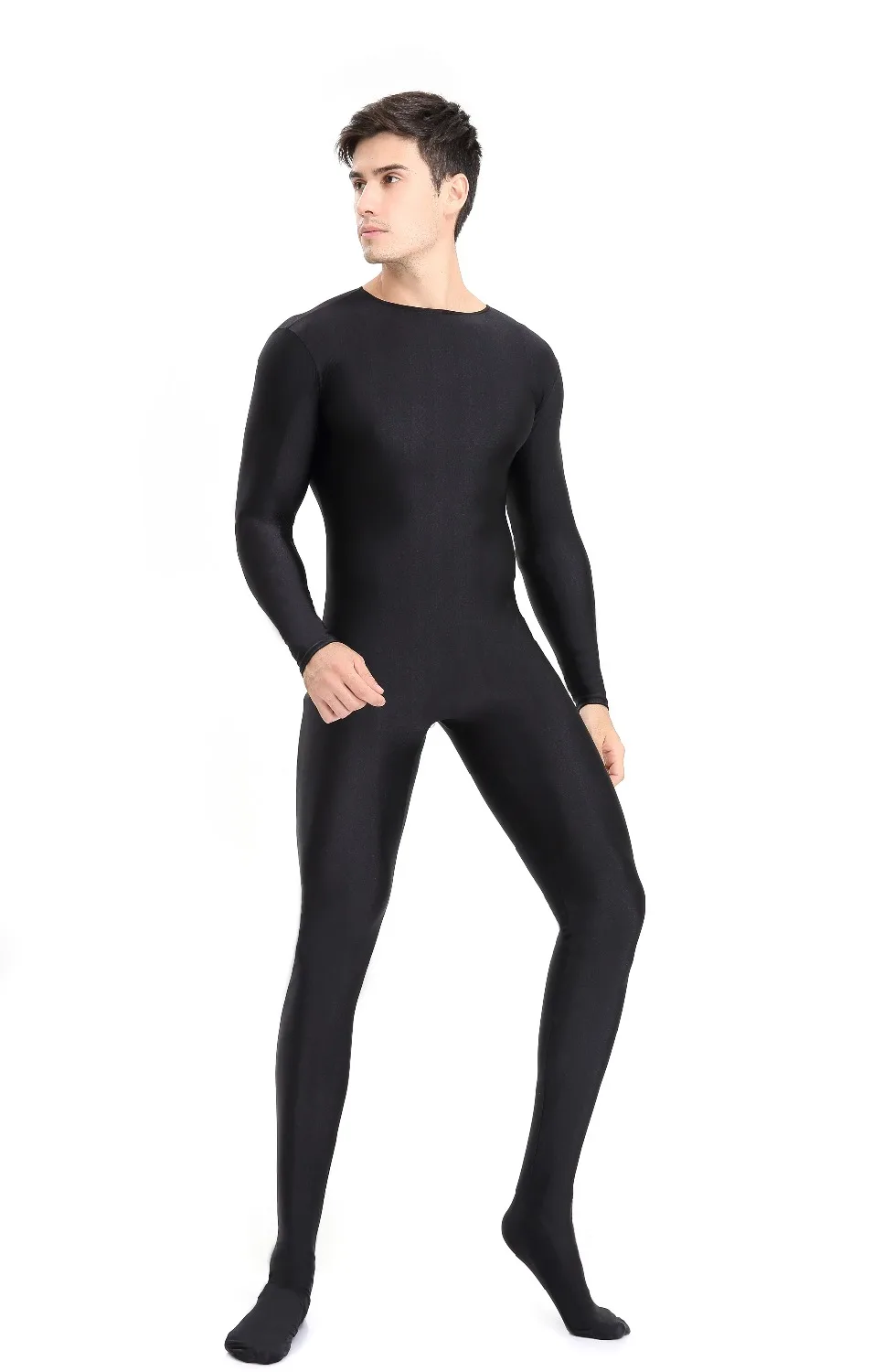 Completo da uomo Spandex Zentai Suit nero manica lunga Unitard adulto cerniera posteriore nero Footed costumi Cosplay Body