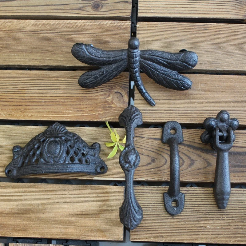 European Farm House Accents Vintage Antique Black Home Decor Cast Iron Cabinet Pulls Dragonfly Moon Design Door Handles Pairs