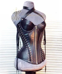 Black Luxury Top  Grain 100% Genuine Leather Corset  Strap And Lacings  Waist Slimming Corset