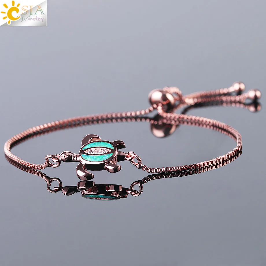 CSJA Turtle Bracelet for Women Girl Tortoise Animal Bracelets Beach Jewelry High Quality Fire Opal Size Adjustable Bangle F496