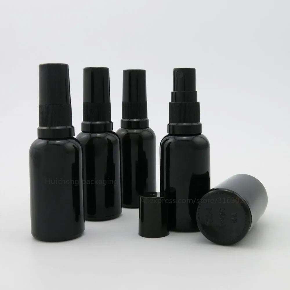 

New Arrival !! 200 x 30ml Shining Black Glass Essential Oil Bottle With Black Mist Sprayer Over cap 1oz Black Glass Containers