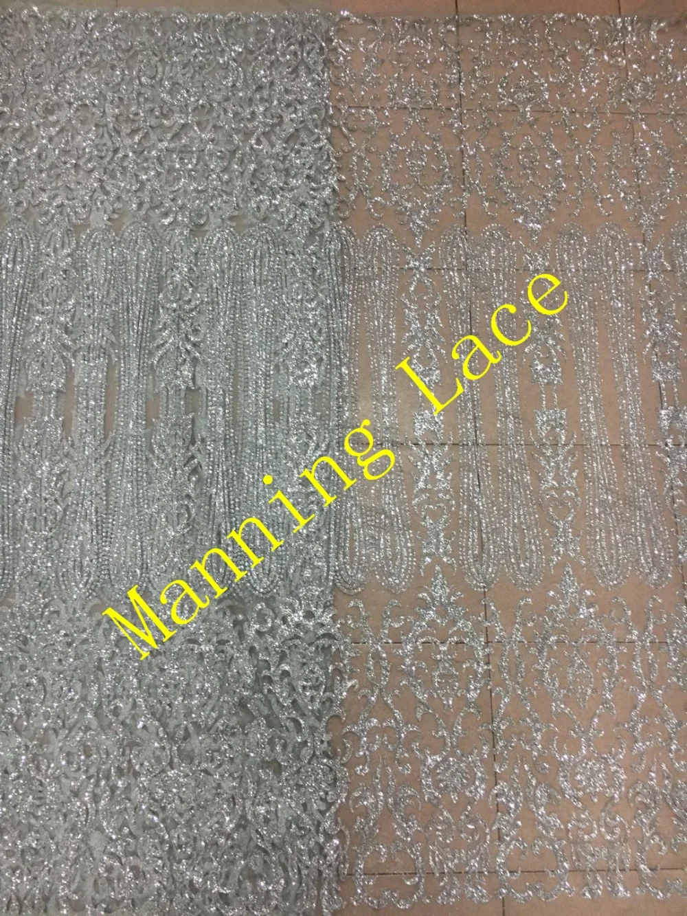 

Silver color glued glitter African Tulle Lace Fabric Manning-42093 hot sale African French Lace Fabric for party dress