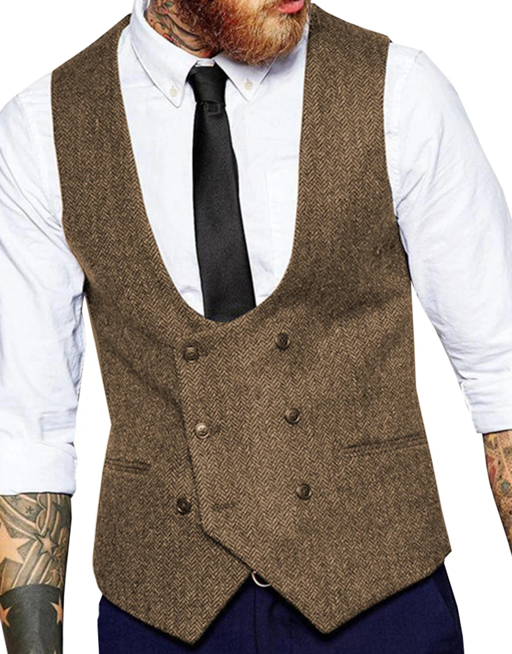 Mens Slim Business Brown Waistcoat Champagne Wool Herringbone Tweed Suit Vests Custom Made Sleeveless Suit Jacket For Wedding