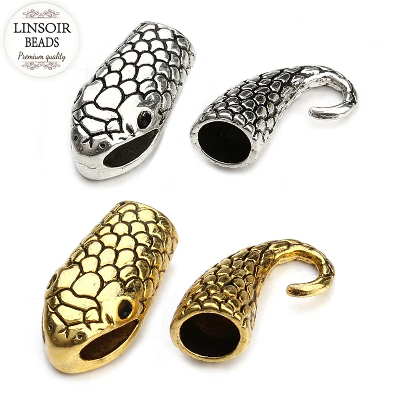 7mmレザーコード用フック,10個セット,アンティークシルバー/ゴールドカラー,スネーク,ネックレスエンドキャップ,ジュエリー作り用コネクタ
