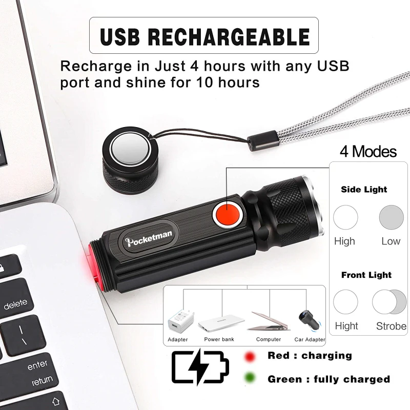 Multifunctional LED Flashlight USB Rechargeable battery Powerful T-6 torch Side COB Light linterna tail magnet Work Light