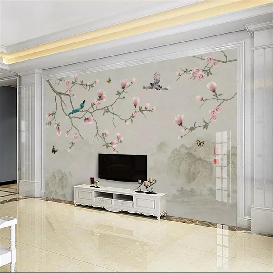 beibehang Custom 3d wallpaper new Chinese simple hand-painted magnolia bird TV background wall paper Yutang rich papel de parede