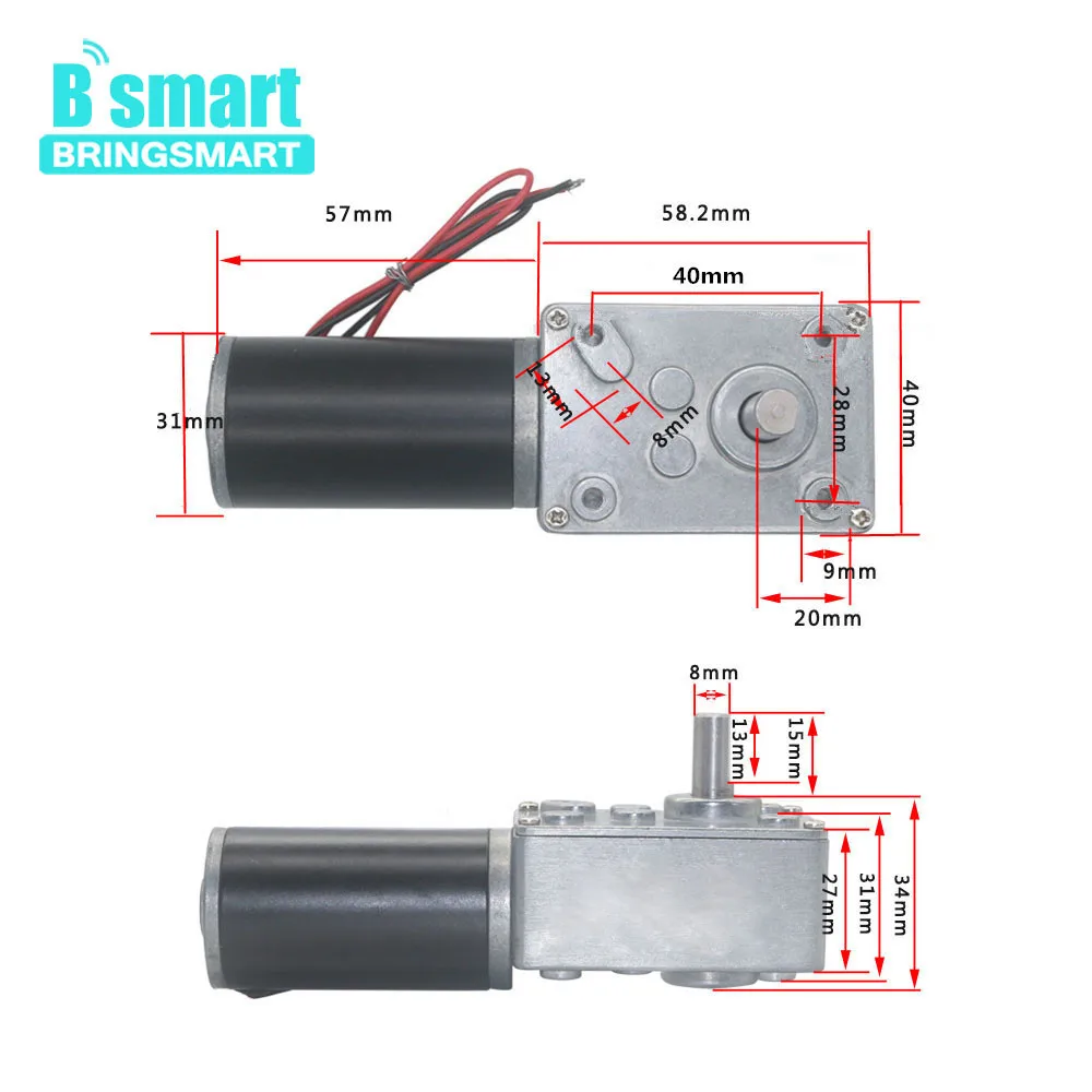 Bringsmart 12V 24V DC Worm Gear Motor High Torque 70kg.cm Mini Electric Motor CW/CCW Self-lock Engine Part A58SW31ZY Customized