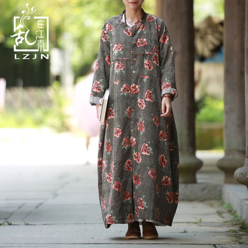 LZJN-Long Ethnic Flower Trench Coat for Women, Duster Coat, Windbreaker, Chic Overcoat, Kaban, 2024Autumn, 32240