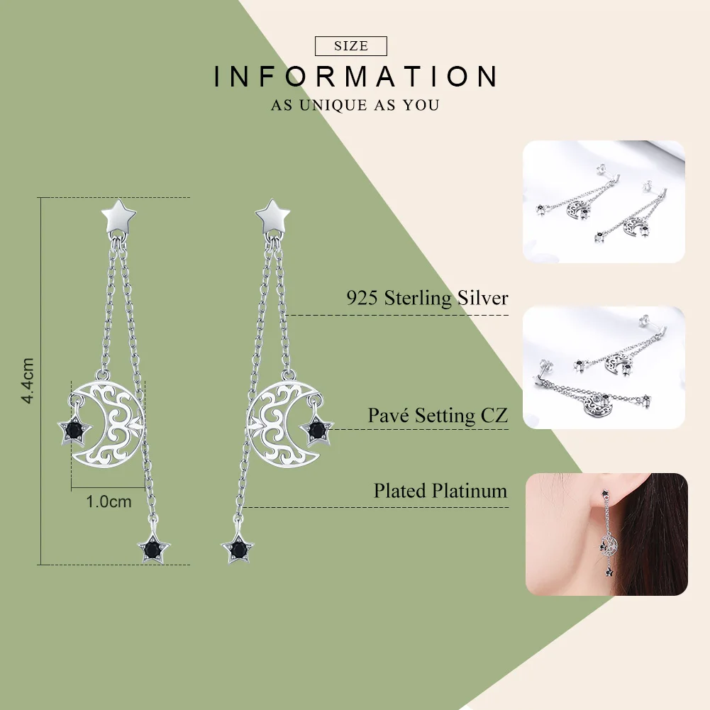 BAMOER Trendy New 925 Sterling Silver Star And Moon Long Chain Drop Earrings for Women Black CZ Sterling Silver Jewelry SCE528