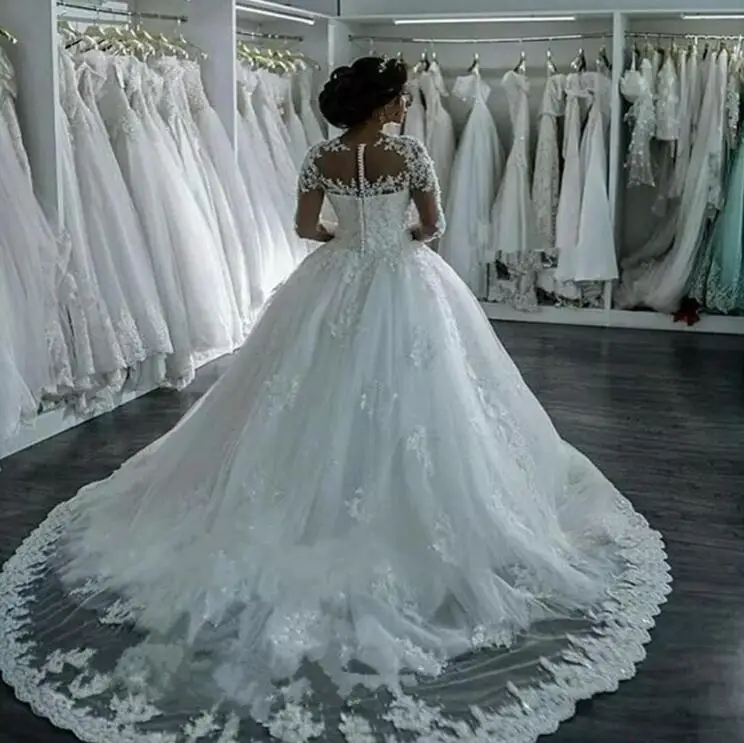 Elegante vestido De novia De manga larga, tul con apliques De cuentas, Princesa, De encaje, para boda, 2019