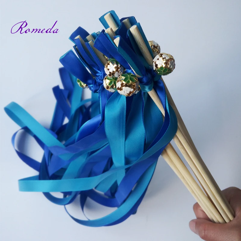 

New Style royal light blue stain ribbon wands ceremony wands with colorfull bell for wedding decoration party