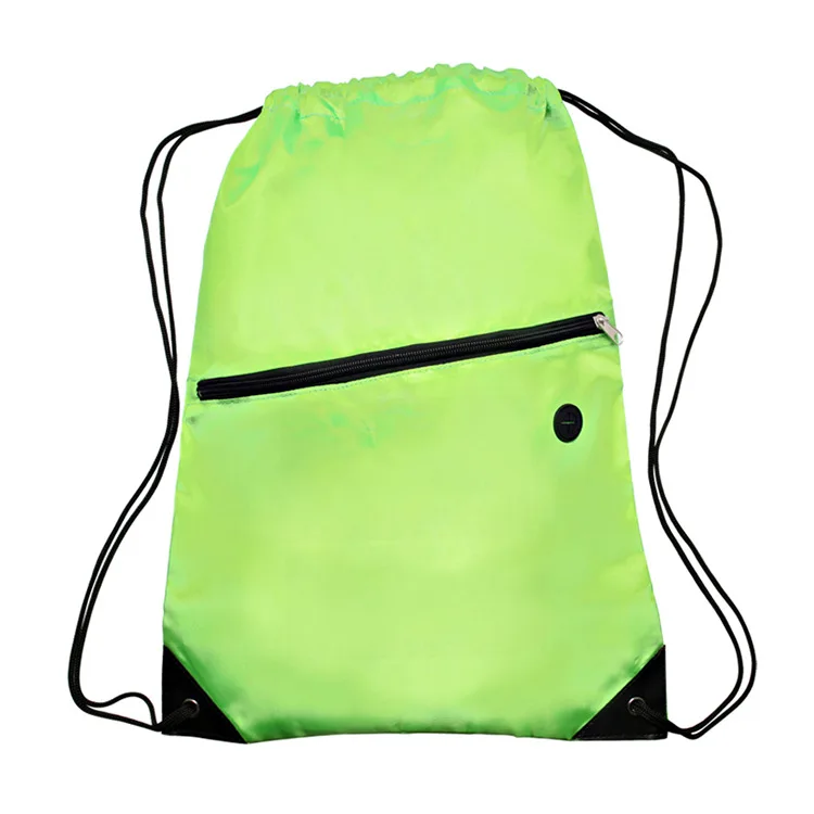 Hot sell custom made polyester drawstring backpack bag with front zipper pocket and headphone hole