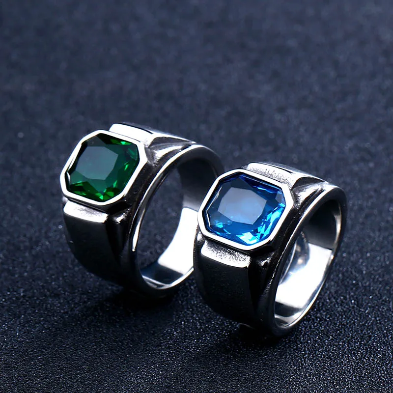 steel Korean fashion new solider green stone ring for women blue stone high polished men ring stainless steel jewelry