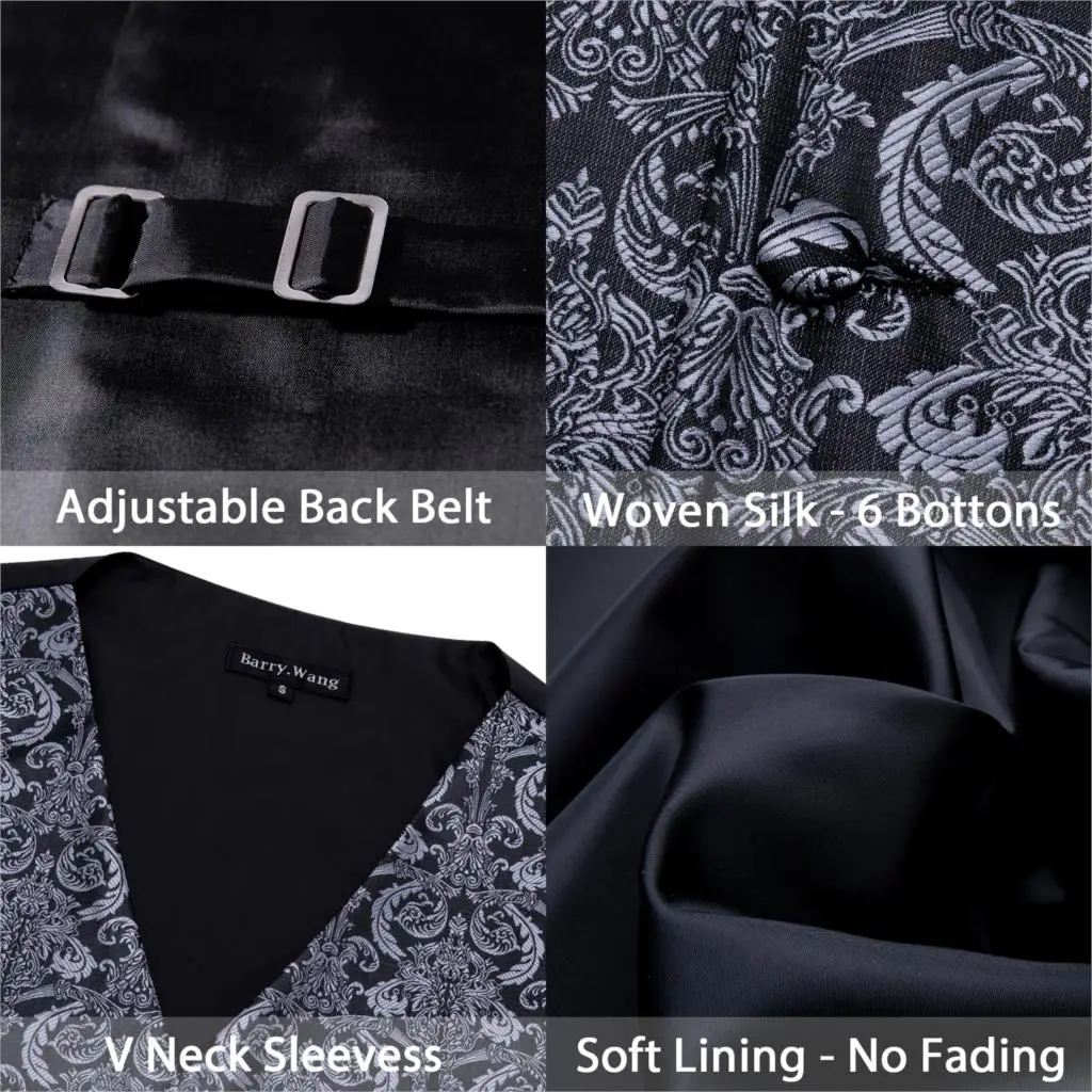 Designer Mens Classic Black Paisley Jacquard Folral Silk Waistcoat Vests Handkerchief Tie Vest Suit Pocket Square Set Barry.Wang