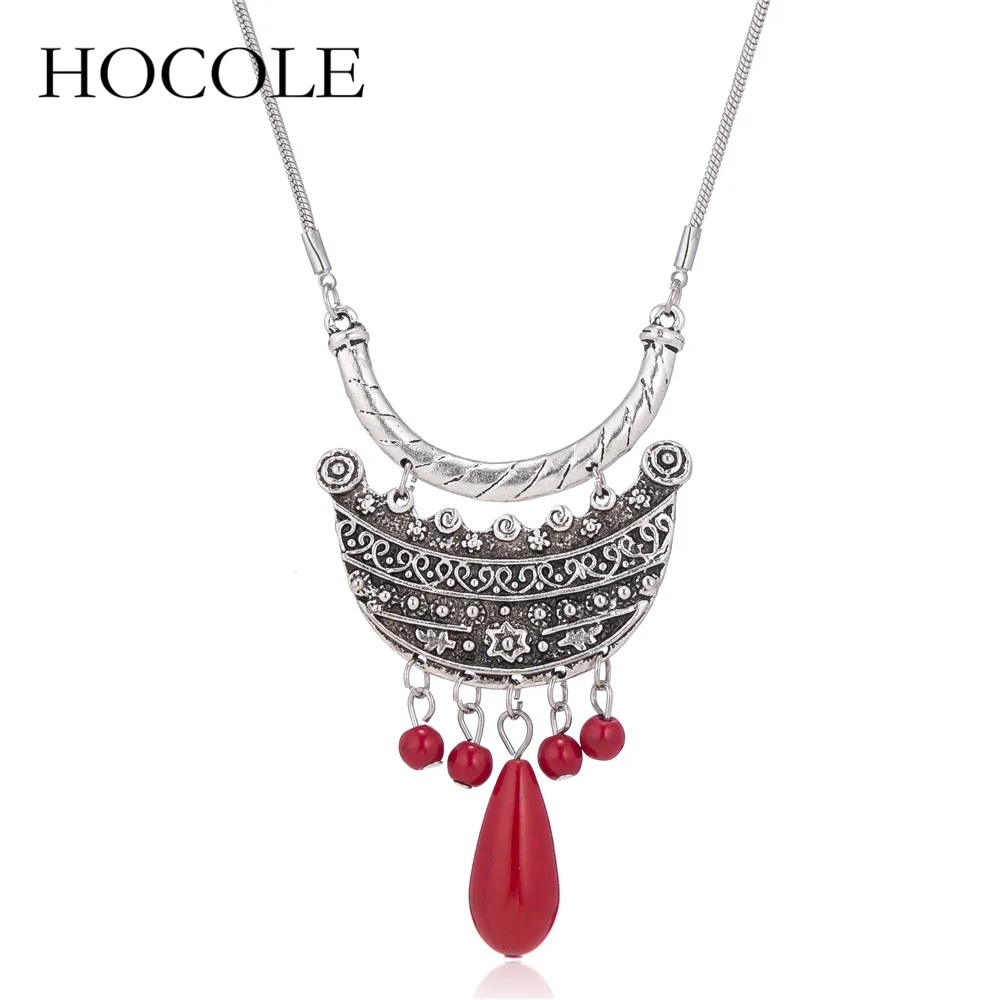 HOCOLE Fashion New Women Ethnic Style Red Beads Flowers Choker Necklace Vintage Snake Chains Statement Necklace Bohemia Jewelry