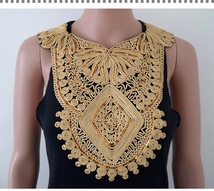 1pc Craft Gold collar Venise Sequin Floral Embroidered Applique Trim Decorated Lace Neckline Collar Sewing