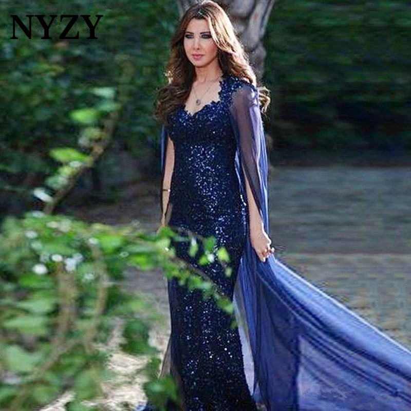 Nyzy m204 azul marinho sereia bling lantejoulas vestido de festa formal vestido feminino elegante longo mãe da noiva vestidos