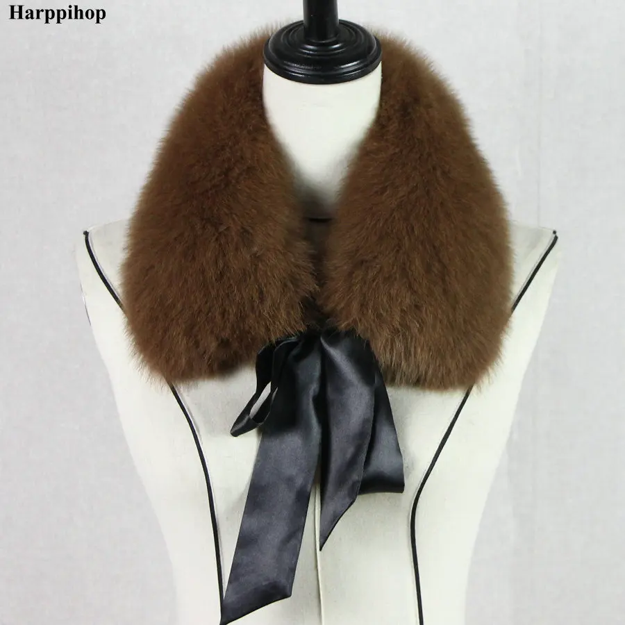 Harppihop*2018 Fashion Fur Scarf Real Raccoon Dog Fur Collars with Ribbon Real Fur Stole for Wool Coats 48CM